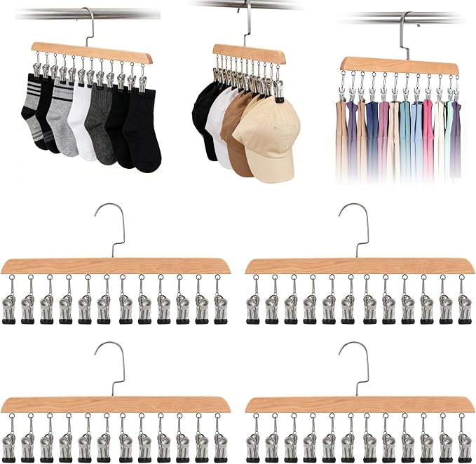 Space Saving Hanging Clothes Organizer with 12 Clips Multi-Purpose Storage for Leggings, Jeans, Skirts, Scarves, Hats, Socks(Natural-4PCS)