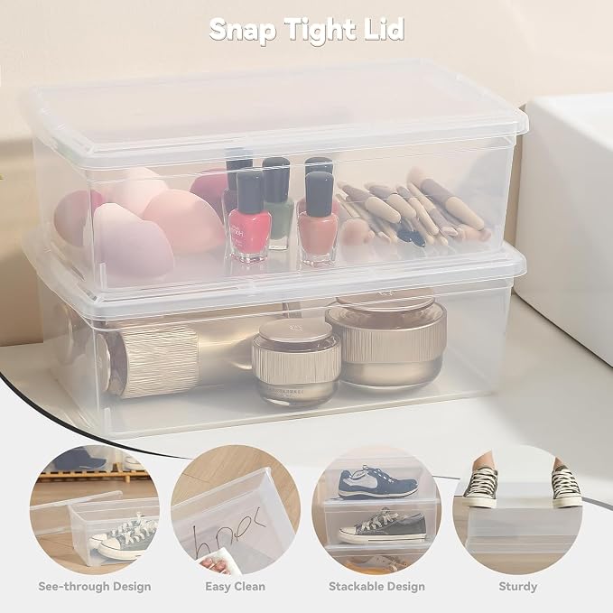 novelinks 8 Pack 6QT Plastic Storage Bins with Lids, Shoe Boxes (Clear) | Clear Shoe Storage Boxes, Shoe Boxes Clear Plastic Stackable, Shoe Bins, Shoe Containers, Craft Organizers and Storage