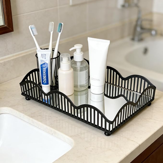 Black Metal Decorative Tray with Mirror Base - Square Multi-Purpose Tray for Bathroom, Living Room, Hallway and Kitchen (8.4”X5.8”X2”)