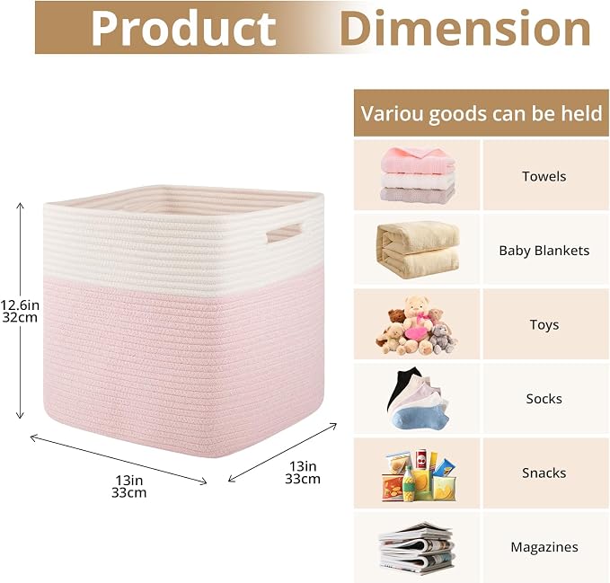 OIAHOMY 13 Inch Cube Storage Bins, 3-Pack Cotton Rope Woven Baskets for Organizing, Insert Storage Baskets for Shelves, Baby Nursery, Closet Organizer, 13 * 13 * 12.6IN, Pink & White