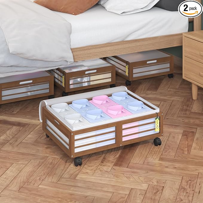 Underbed Storage with Wheels, 2 Pack Bamboo Containers for Shoes & Clothes | Dustproof bags protect contents. Stackable frames save space. 360° wheels provide smooth access to clothes, bedding and toys