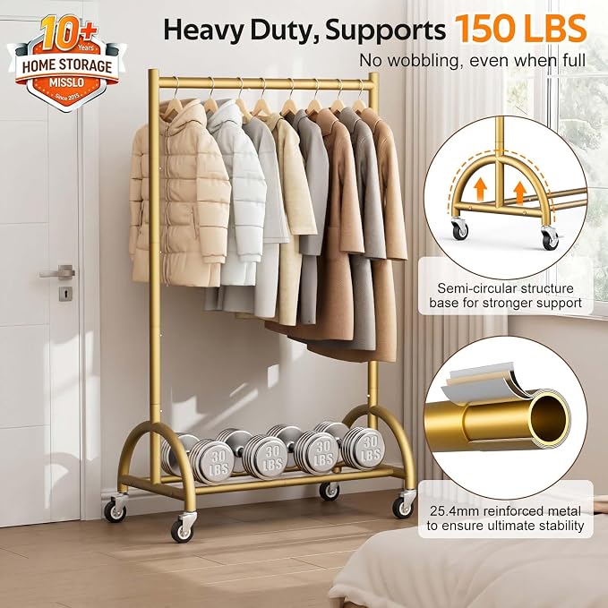 MISSLO Heavy Duty Clothing Rack with Wheels Rolling Clothes Racks for Hanging Clothes, Coats, Garment, Dress, Gold, 30" W