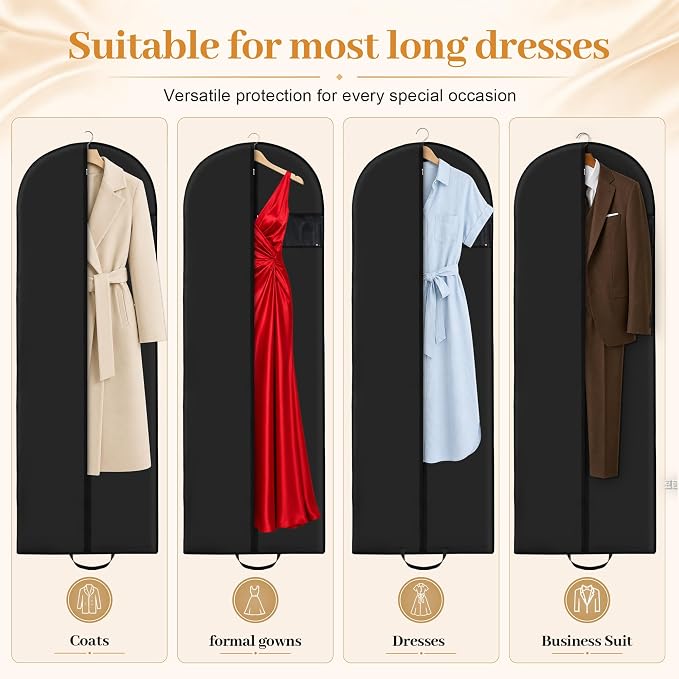 Lzerking 6-Pack Garment Bags for Dresses & Gowns 65” x 23” Suit Bag for Closet Storage, Black Hanging Clothes Cover with Handles for Travel, Waterproof, Dust-Proof