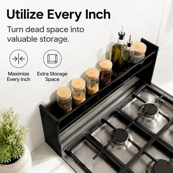 Ekisemio 32.5" Wooden Spice Rack Shelf for Kitchen Stove, Black | Solid wood top | Steel side tubes | 50 lb capacity | Raised front edge | Easy assemble | Wipe clean