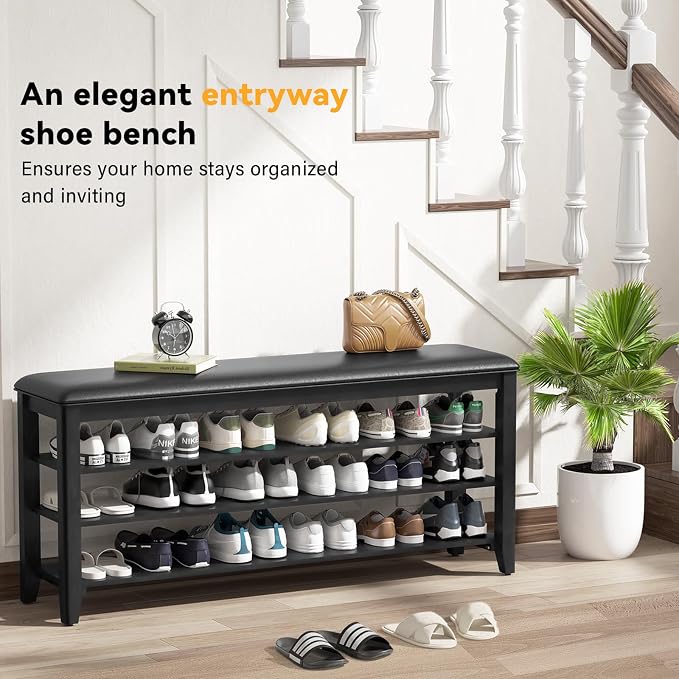 Taitiy Shoe Rack Bench Entryway Storage, Shoe Organizer Bench for Entryway, Ideal for Front Doors Entrances Hallway Mudroom Featuring Rubberwood and 3 Height-Adjustable Removable Shelve
