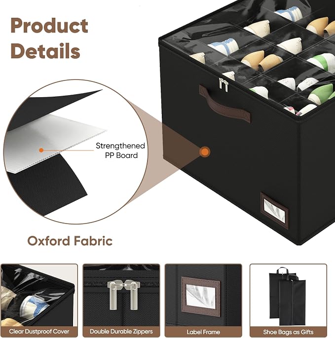 OIAHOMY 2 Pack Shoe Organizer for Closet, Large Foldable Shoe Storage Bins with Dividers and Reinforced Handles, Each Clear Cover Sneaker Box Fits Up to 16 Pairs for Entryway and Bedroom, Black