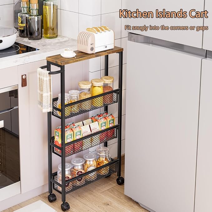 AZERPIAN Slim Rolling Cart 4 Tier Narrow Storage Cart on Wheels with Metal Handle for Kitchen Dining Living Home Office Laundry Room