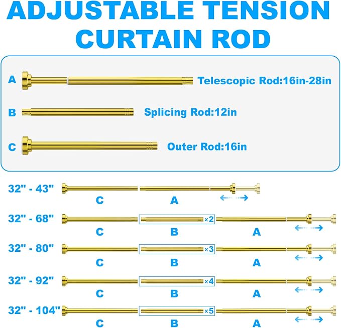 TEECK Shower Curtain Rod, 32-92 inch Adjustable Spring Tension Curtain Rod, Never Rust Anti-Slip Shower Curtain Rod for Bathroom, No Drilling, Never Collapse, Easy to Use, Gold