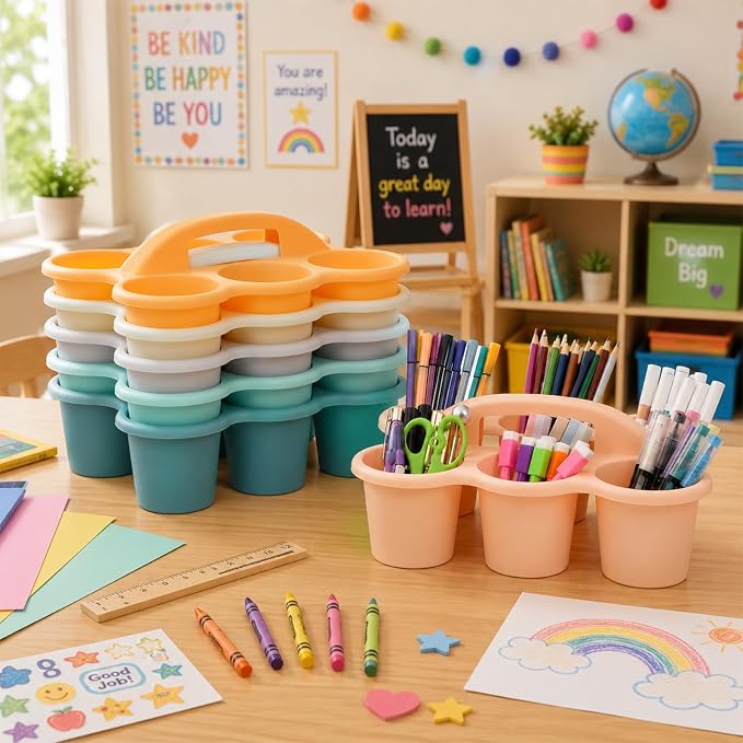 Plastic Caddy with Handle Set of 6 Classroom Caddy Organizer Cup Caddies Water Bottle Storage Crayon Caddies Plastic Cup Holder Drink Carrier for School Home Office Supplies (Boho)