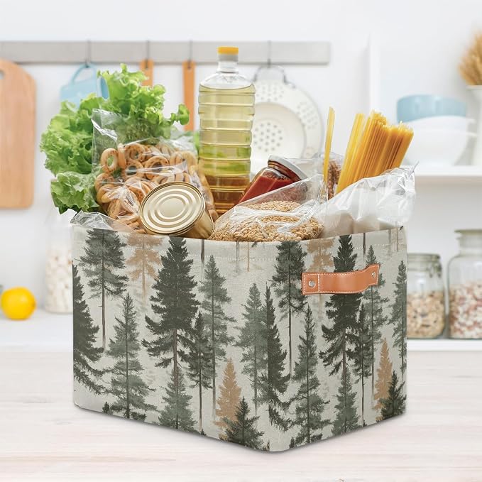 Rectangular Storage Bins Forest Pine Tree Pattern Collapsible Fabric Storage Basket Organizer with Handles for Nursery Bedroom Bathroom