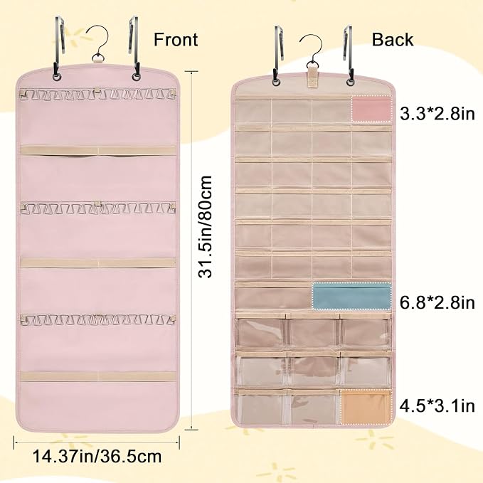 Wome Over the Door Jewelry Organizer Hanging: Double-Sided Storage with 28 Small 2 Large 9 Medium Pockets for Earrings Necklaces Rings Durable Polyester for Door or Closet or Wall or Glass (pink)
