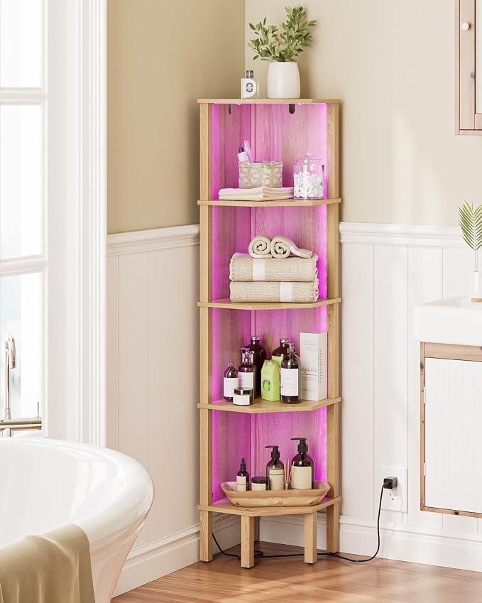 Corner Shelf Stand, 5 Tier Corner Bookshelf with Light,Corner Furniture for Bedroom Display Corner Shelf for Small Space,Wood Shelves with Storage Rack for Living Room,Office,Oak