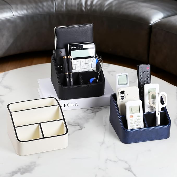 PU Leather Remote Control Holder, Nightstand Organizer with 4 Compartments | Luxury Desk Caddy with Velvet Lining, Small Desk Organizer for Living Room, Bedroom, Bedside, End Table, 6.8" x 6.7" x 4"