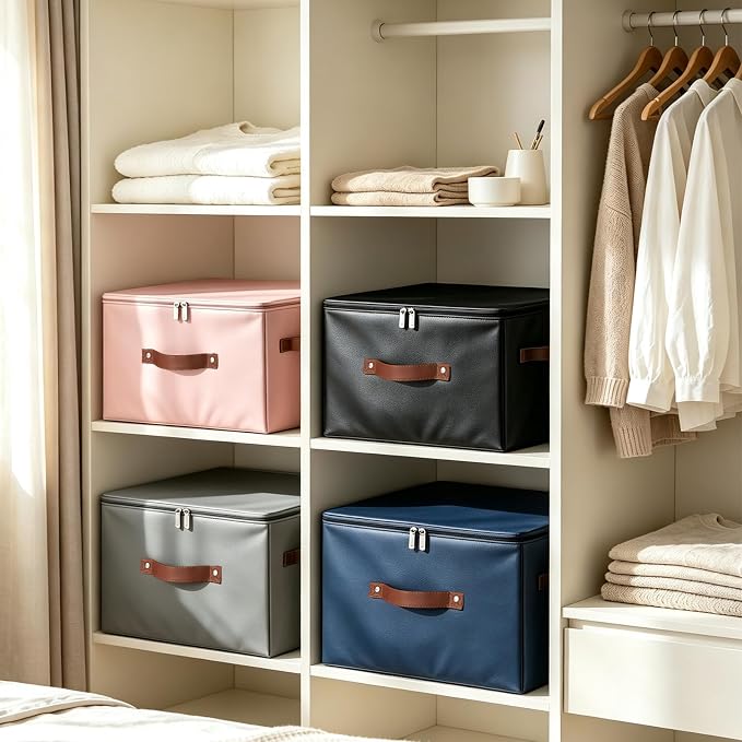 Storage Bins with Zipper Lid PU leather Storage Boxes Leather Fabric Collapsible Lidded Baskets Cube with Handle Decorative Shelves Closet Office Organizer Container(Black, Small Size)