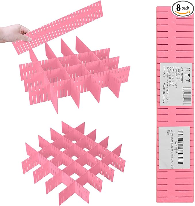 Adjustable Drawer Dividers, Cut to Fit Plastic Organizer Strips, 8-Pack | Plastic Drawer Dividers for Organizing Utensils Socks Underwear Makeup in Kitchen Bedroom Drawers Bins Fridge Compartments