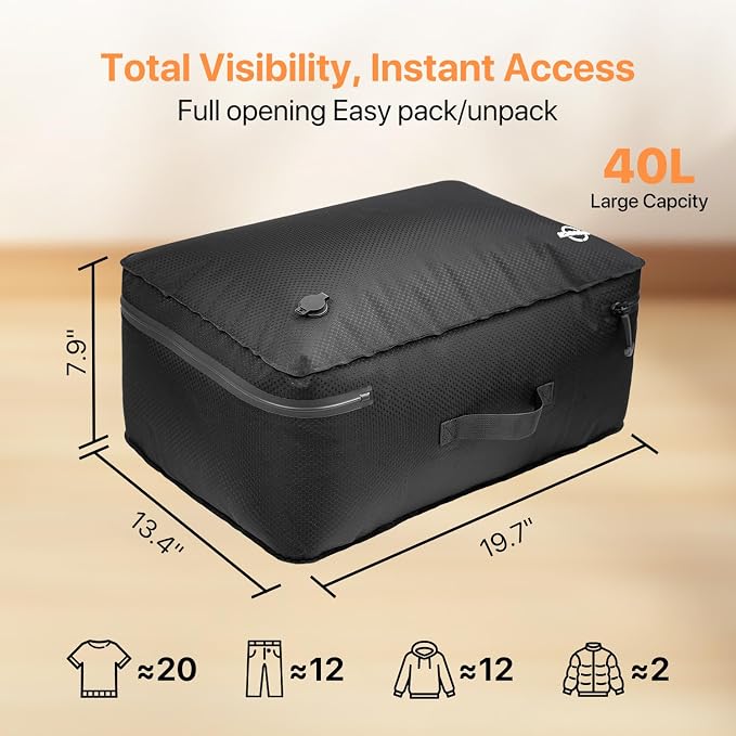 Vacuum Travel Bag for Luggage with Wireless Pump 35L, 180° Open Zipper, IP68 Waterproof, Reusable Compression Bags for travel to Save Space, Fits 20-28in Suitcase, Backpack, Cloth (2PC + Pump) | 35L, Wireless Pump, 180° Open Zipper, IP68 Waterproof, Re...