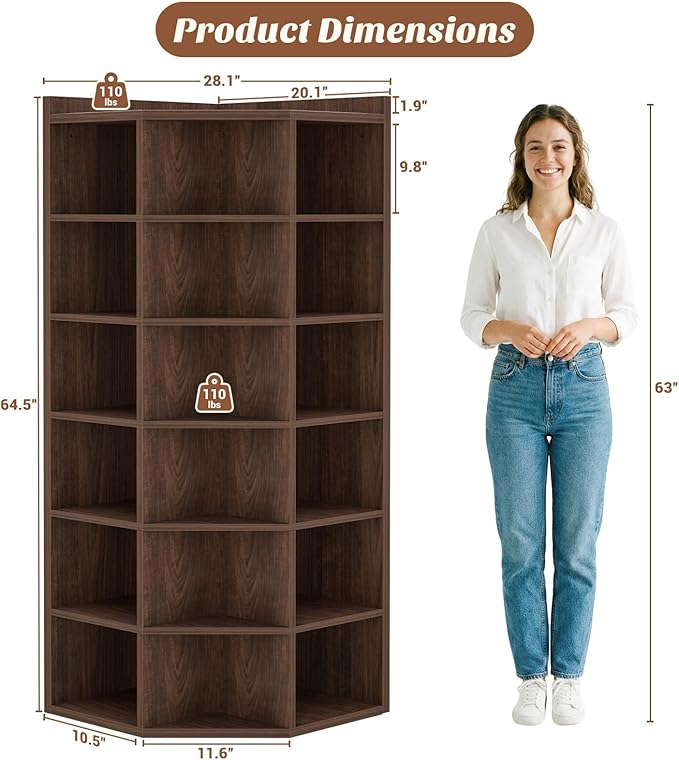 Aheaplus Corner Cube Book Shelf, 7-Tier Corner Storage Cabinet with Top Table, Corner Cube Shelf for Small Space, Wooden L Shaped Cubby Bookcase for Home Office, Bedroom, Living Room, Black Walnut