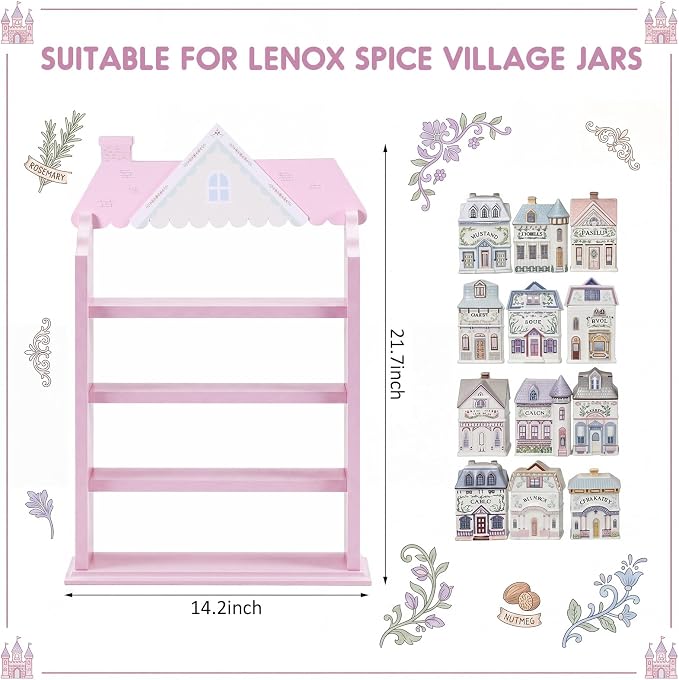 Chunful Vintage Spice Jar Wooden Rack with 4 Tier Hanging Spice Rack Wall Mounting Kitchen Storage Village Style Display Shelf for 24 Jar, Christmas Wedding Bridal Gift, Shelf Only(Pastel Pink House)