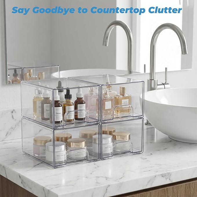 Acrylic Stackable Storage Drawers, [2-Pack] Clear Organizer Bins with Built-in Handles, Smooth Slide-Out Design for Vanity, Under Sink, Medicine Cabinet, Skincare, and More