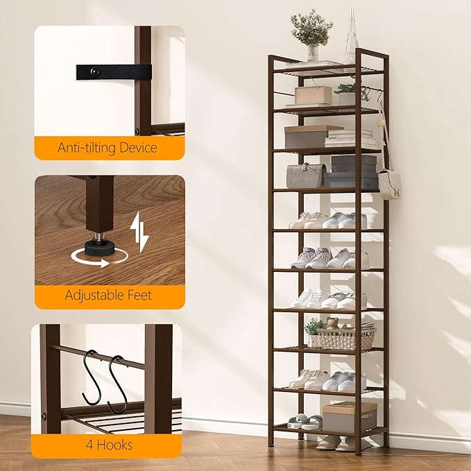 usikey 10 Tiers Narrow Shoe Rack 20-30 Pairs, Sturdy Metal Tall Shoe Rack Shelf with 4 Hooks, Slim Shoe Storage with Metal Shelf, Space Saving Vertical Shoe Organizer for Closet Entryway, Bronze
