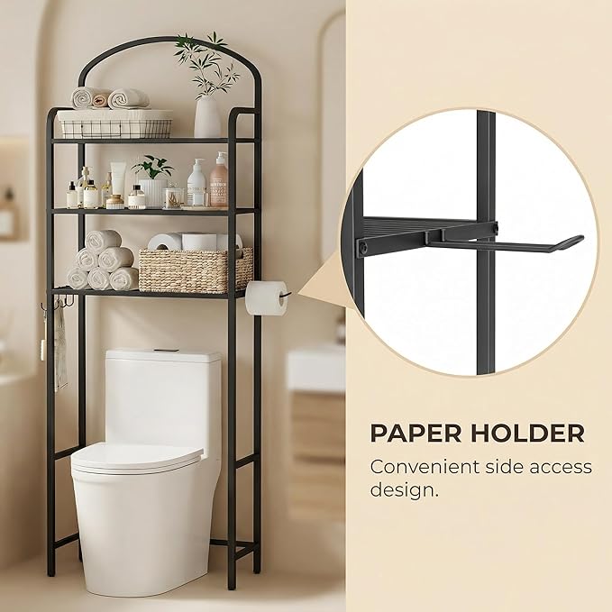 3 Tier Over The Toilet Storage Rack, Bathroom Organizer | Toilet Storage with 4 Hooks & Paper Holder, Space-Saving, Freestanding Bathroom Shelf, Metal, Black