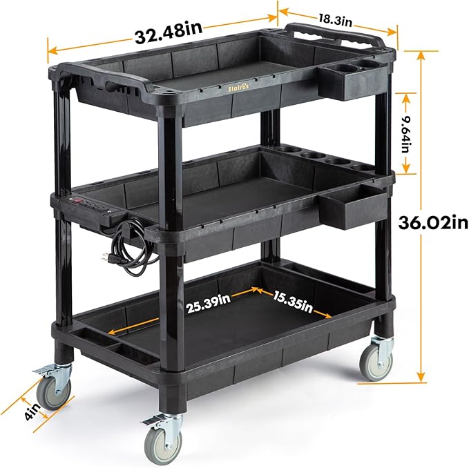 ELAFROS 3-Shelf Rolling Utility Cart with Power Strip, 32.4 x 18.3 in | Multi-Use Rolling Cart, Deep Shelves, Industrial-Grade Plastic Cart, Service Tool Cart, Work Cart, AV Equipment Storage