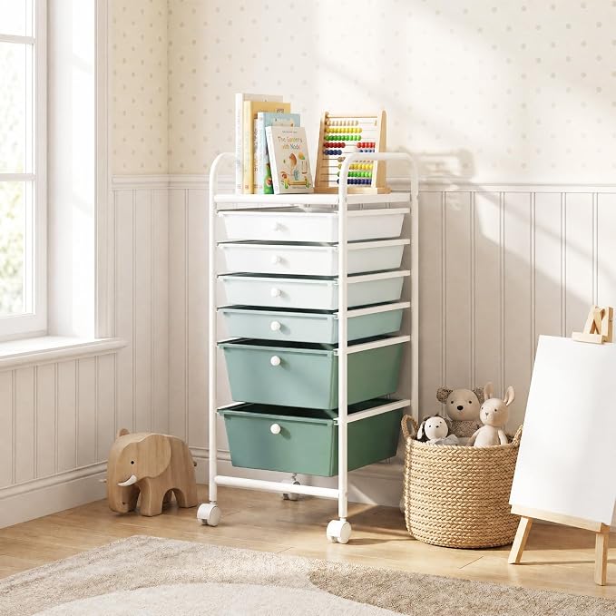 GOFLAME 6-Drawer Rolling Storage Cart, Multifunctional Art Craft Organizer Cart, Mobile Utility Storage Cart with Removable Drawers & Lockable Wheels, Craft Cart for Home Office, Green Gradient