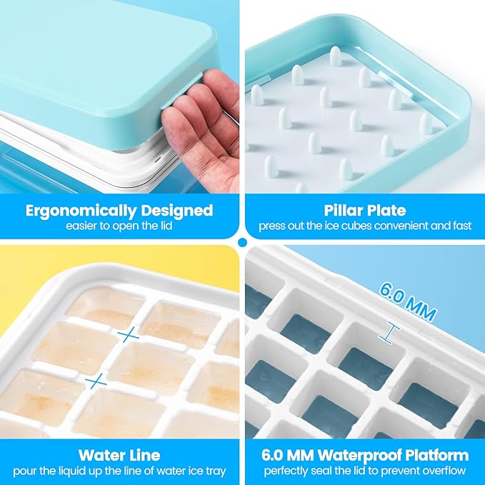 0.8“ Ice Cube Tray with Lid and Bin, PHINOX 56 Cubes Ice Trays for Freezer, Ice Cube Trays for Freezer with 2 trays, Container, Lid & Ice Scoop, BPA Free, Blue(28Cubes/Tier)