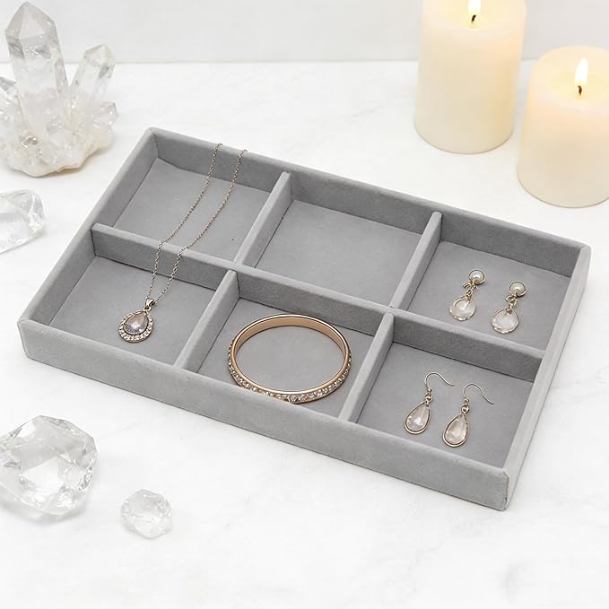 Velvet Jewelry Organizer Trays Gray Stackable Jewelry Storage Display Tray with Removable Dividers, 6 Grids