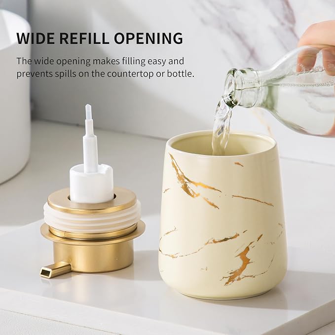 Enra Ceramic Foaming Soap Dispenser -12oz Modern Foam Gold Hand Soap Dispenser Bathroom, Refillable Dish Wash Soap Bottle for Kitchen with Large Pump(Gold Foam Type-Beige)