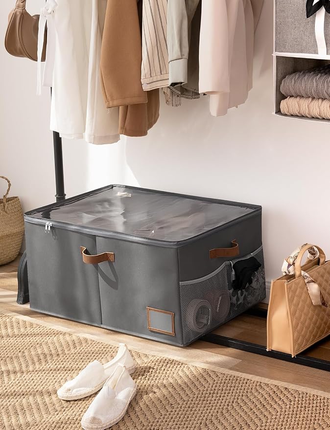 StorageWorks Large Shoe Storage Organizer for Closet, Up to 20 Pairs, Gray | Fixed Compartments, Clear Lid & Label Window, Side Mesh Pocket for Accessories, Soft Handles, Fits Flats, Sandals & Low-Tops