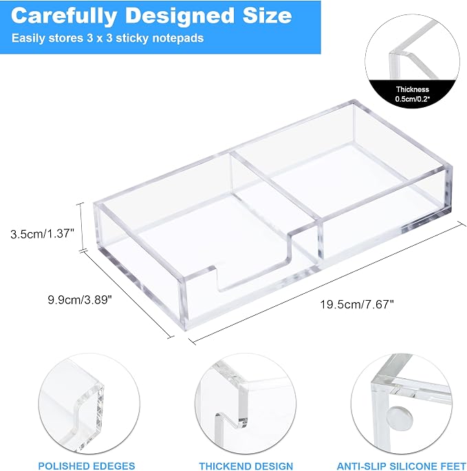Sticky Note Holder 2 in 1, Clear Acrylic Memo Pad Holders for Desk Organization School Office Home, Post Pop Notes Dispenser for 3"X3" Note Pads (BQ210)