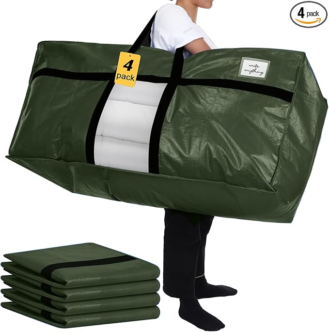 4 Pack 66 Gallon Extra Large Moving Bags with Visible Window XXL Heavy Duty Storage Bag Jumbo Big Tote for College Dorm Clothes Blankets Space Saving Alternative to Moving Boxes(Army Green)