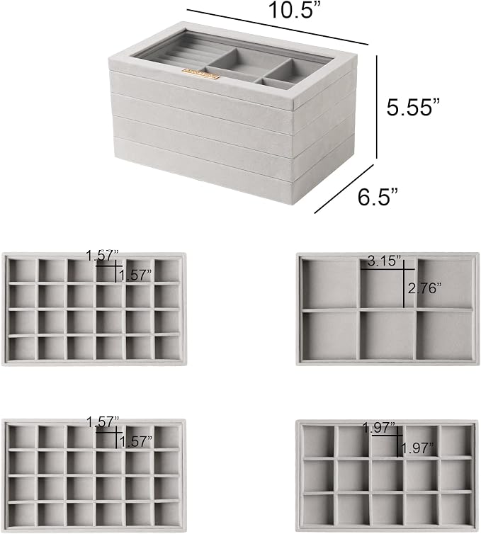 Frebeauty Stackable Jewelry Trays,Set of 4 Jewelry Organizer for Drawer | Glass Lid,Removable Dividers,Stackable Design,Velvet Material,Drawer Inserts,Earring Organizer,Jewelry Box for Rings Bracelet