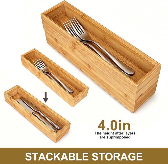 Kitchen Bamboo Drawer Organizer Set of 2, Small Narrow Stackable Drawer Organizer for Silverware, Utensils, Cutlery, Flatware, Junk Drawer, Dresser, Bathroom, 12" x 3" x 2"