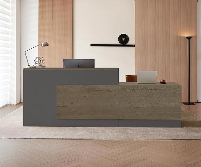 Modern L-Shaped Reception Desk with Counter - 79 Inches Front Desk with Storage Cabinet, Open Shelves, Lockable Drawer & Keyboard Tray for Office, Lobby, Checkout (Tobacco Wood & Iron Gray - Right)