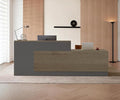 Modern L-Shaped Reception Desk with Counter - 79 Inches Front Desk with Storage Cabinet, Open Shelves, Lockable Drawer & Keyboard Tray for Office, Lobby, Checkout (Tobacco Wood & Iron Gray - Right)