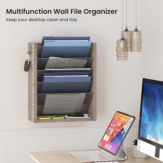 Creso hom Mail Organizer Wall Mounted, Mail Sorter with 2 Key Hooks, 6-Slot File Organizer for Wall or Desk, Wood Letter Holder Envelopes Bills Accessories for Home Office, Greige