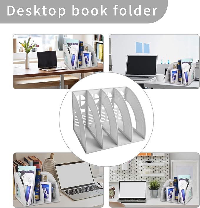 A4 File Holder Magazine File Folder Desk Organizer, 4 Vertical Compartments Bookshelf Document Divider Paper Box Bookends for Office Home Organization and Storage Racks