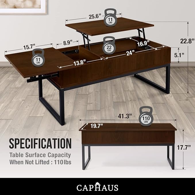 CAPHAUS Lift Top Coffee Table w/Sliding Drawer, Rising Tabletop Coffee Table w/Hidden Storage & Sliding Drawer, Storage Coffee Table w/Lift & Sliding Tabletop for Living Room, 41" Espresso