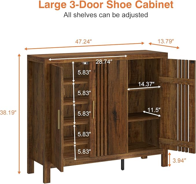 UNIQUITE Shoe Storage Cabinet with 3 Shutter Doors, 30 Pairs Shoe Cabinet with Adjustable Shelves, 5-Tier Large Shoe Rack Organizer for Entryway Hallway Living Room, Walnut