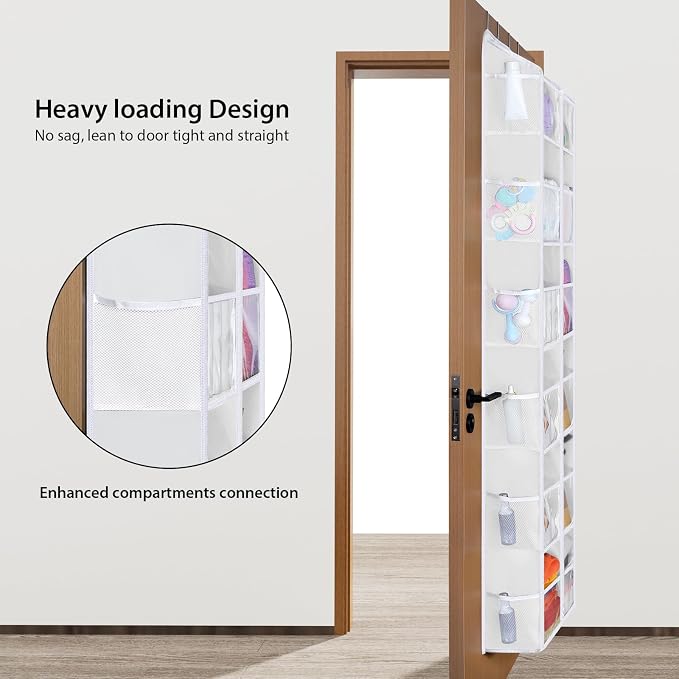 Univivi Over the Door Organizer, 6 Tiers Large Behind Door Storage, White | Large Capacity, 12 Clear Compartments, 12 Side Pockets, Door Hanging Organizer for Closet, Bedroom, Nursery, Sundries
