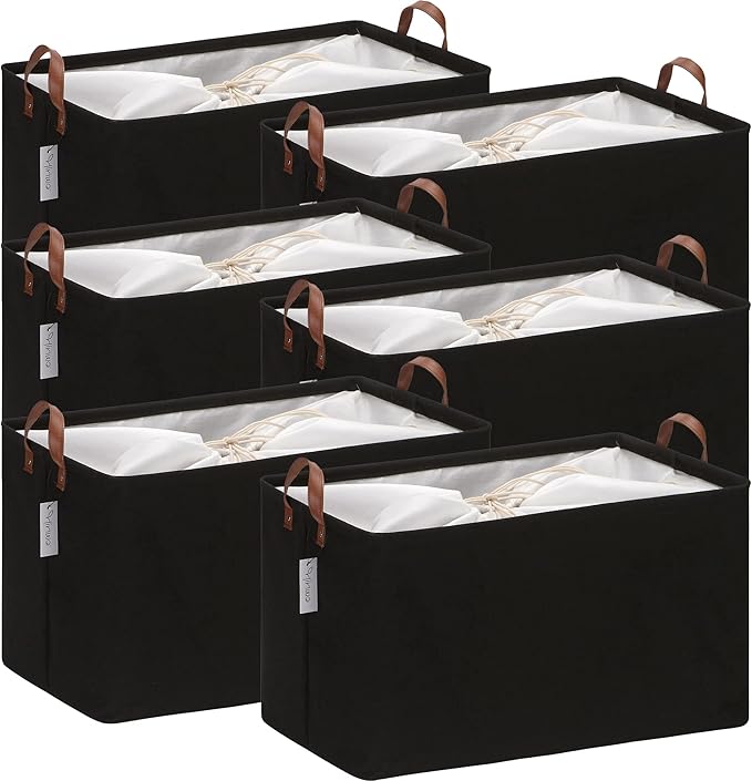 Hinwo 70L Extra Large Storage Bins, 6-Pack Closet Organizers and Storage, Foldable Clothes Storage Baskets with Handles, Containers for Clothing, Blanket, Comforters, Toys, Bedding (Black)