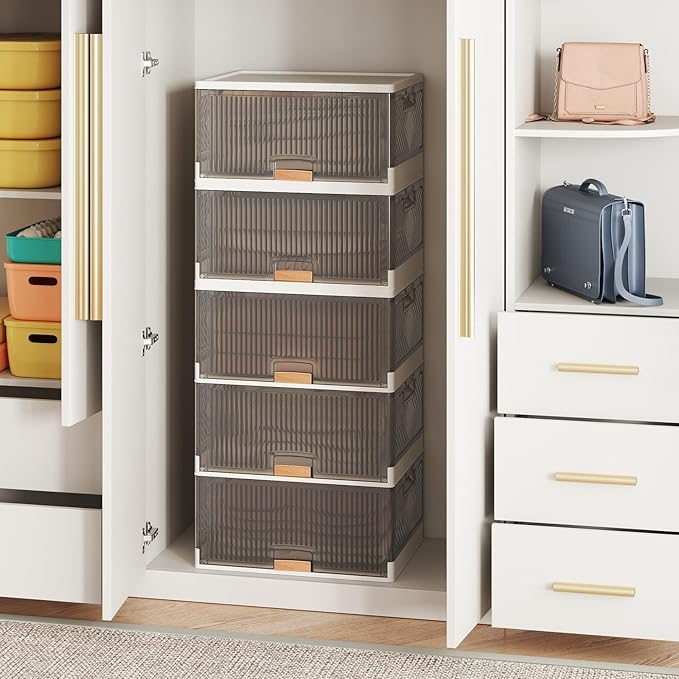 Giantex 5 Tier Stackable Storage Bins with Lids, 22.5 Gal Foldable Shoe Storage Box with Detachable Wheels & Flip-Up Doors, Collapsible Closet Organizers and Storage Bins