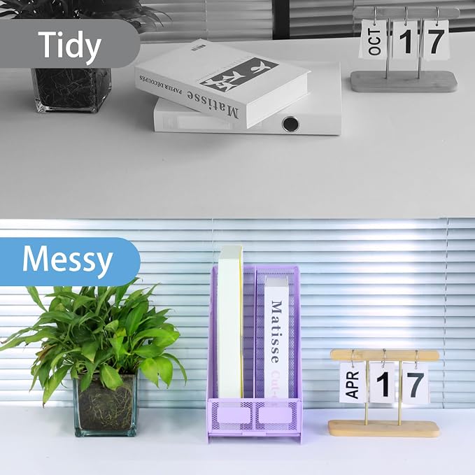 Desk Organizers Metal Magazine File Holder Racks Desktop Folder Storage Binder Organiser Document Organization for Home Office & Classroom,2 Vertical Compartments-Purple