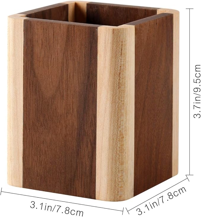 Natural Wood Desk Pen Holder Pencil Organizer Desktop Office Pencils Stand Holder Simple(Maple side walnut center)