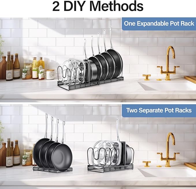 ORDORA Pots and Pans Organizer under Cabinet with Pot Lid Organizer, Expandable Rack for Pan and Pot Organizers Inside Cabinet, 12"-23" Adjustable with 10 Dividers for Kitchen Organization, Black