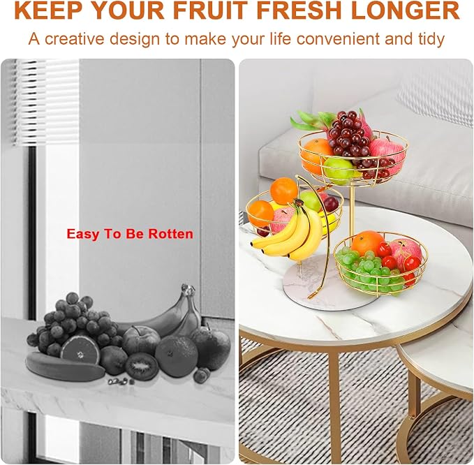 Livabber Fruit Basket Bowl with Banana Hanger, Metal Fruit Vegetable Storage Basket with Banana Holder for Kitchen Counter, Detachable Organizer for Bread Snack Produce (Gold, 3-Tier Marble Base)