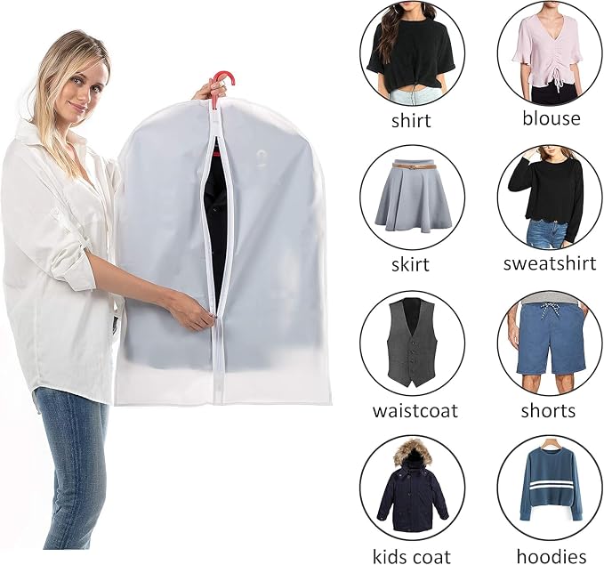 MsKitchen 6 Pack Shirt Garment Bags (24x36") - Dustproof Short Suit Covers - Durable PEVA Closet Bags with Sturdy Zipper for Blouses, Jackets, Sweaters & T-Shirts (Translucent)