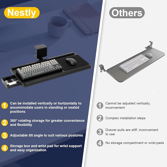 Adjustable Under Desk Keyboard Tray with Drawer, 25"×10.6" Ergonomic 360° Rotating Keyboard Stand with Wrist Rest, Clamp On Keyboard Tray and Mouse for Office Gaming Studying